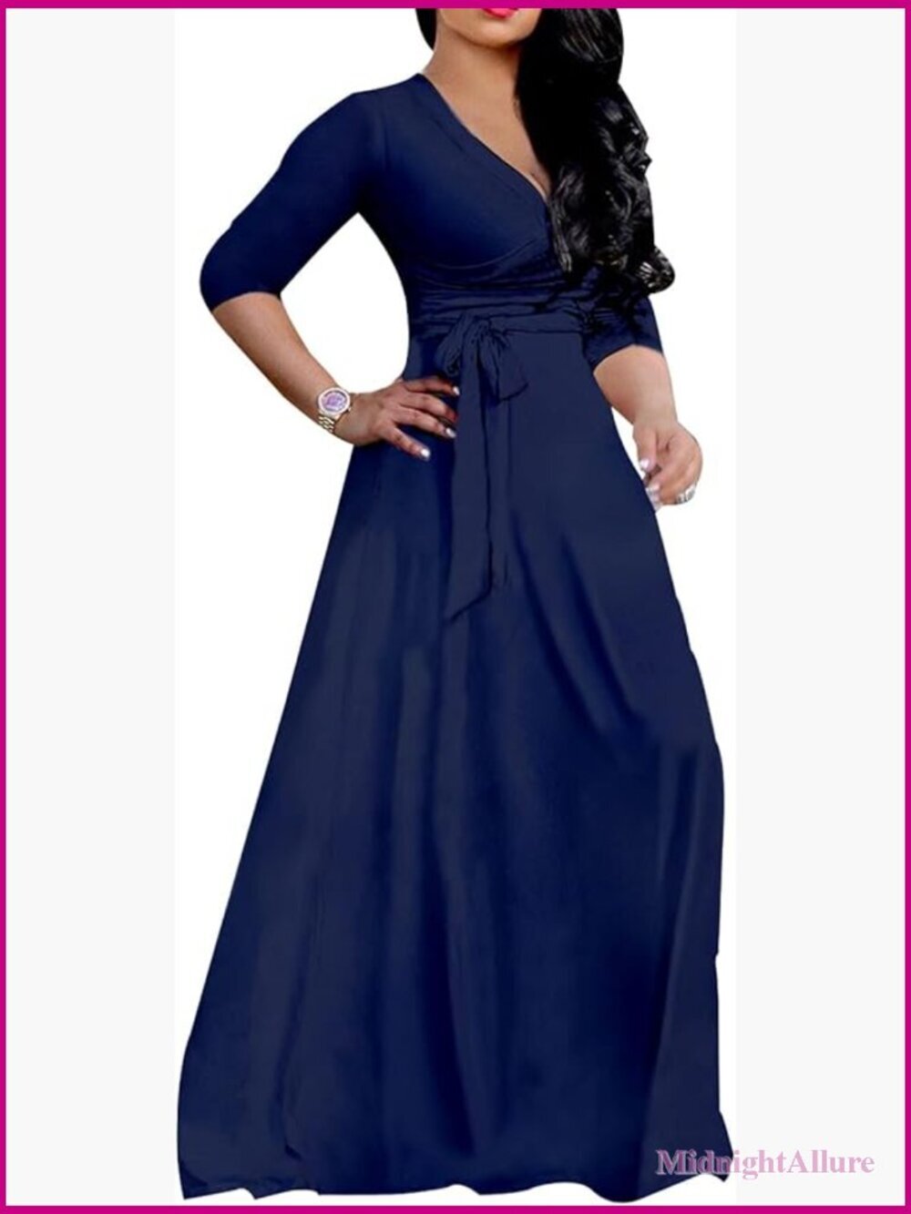 Plus-Size Maxi Dress with Pockets 3/4 Sleeves Summer Beach Sundress Wrap V-Neck